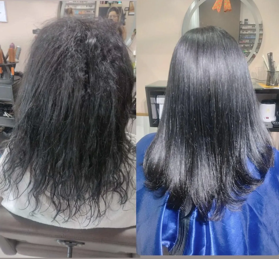 Antes e depois de alisamento orgânico realizado no Studio Claudia Alarcon